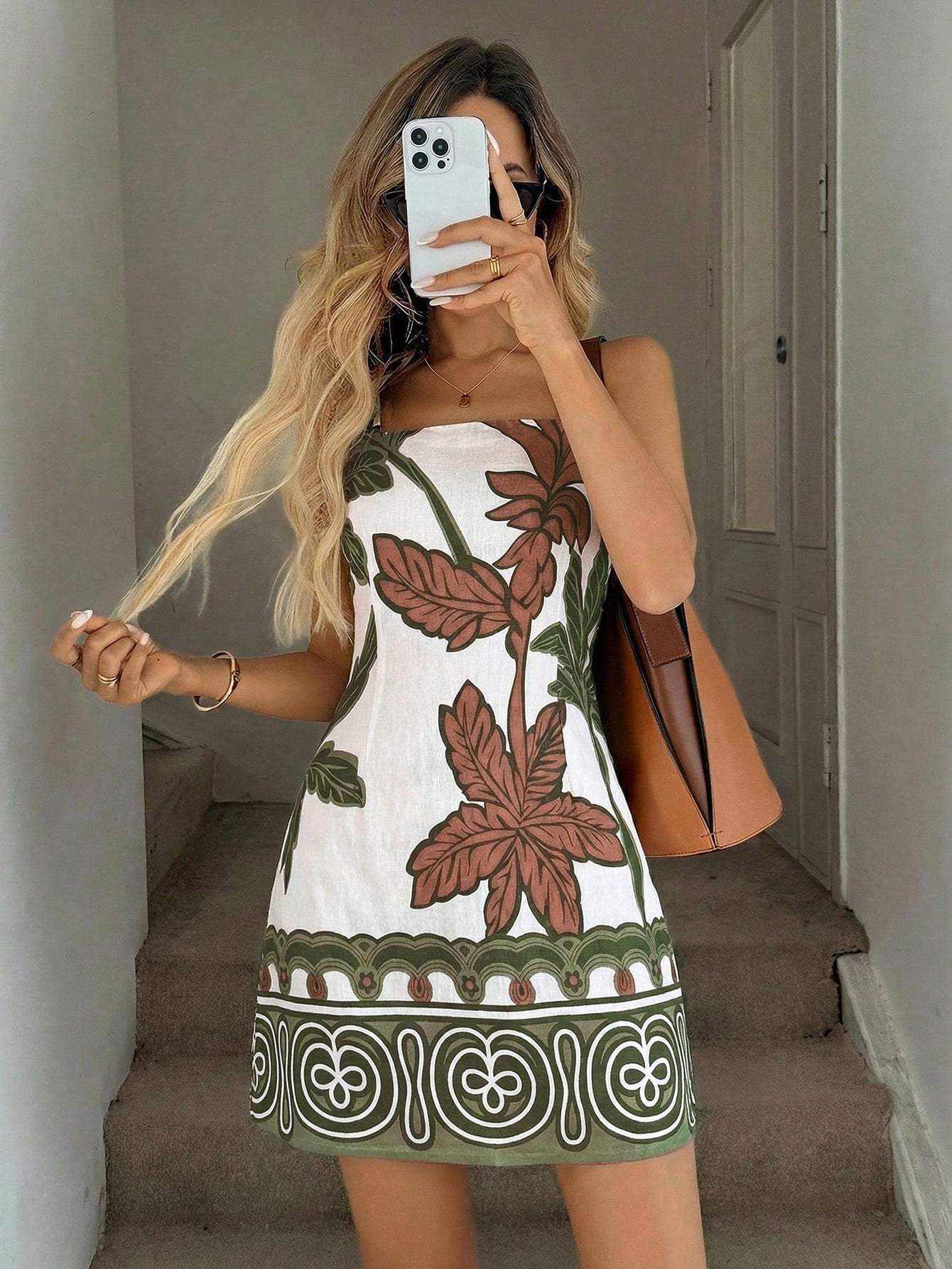 Easowa Women's Waist-Cinching A-Line Sleeveless Spaghetti Strap Mini Dress, Coconut Tree Floral Print, Casual Elegant Spring/Summer
