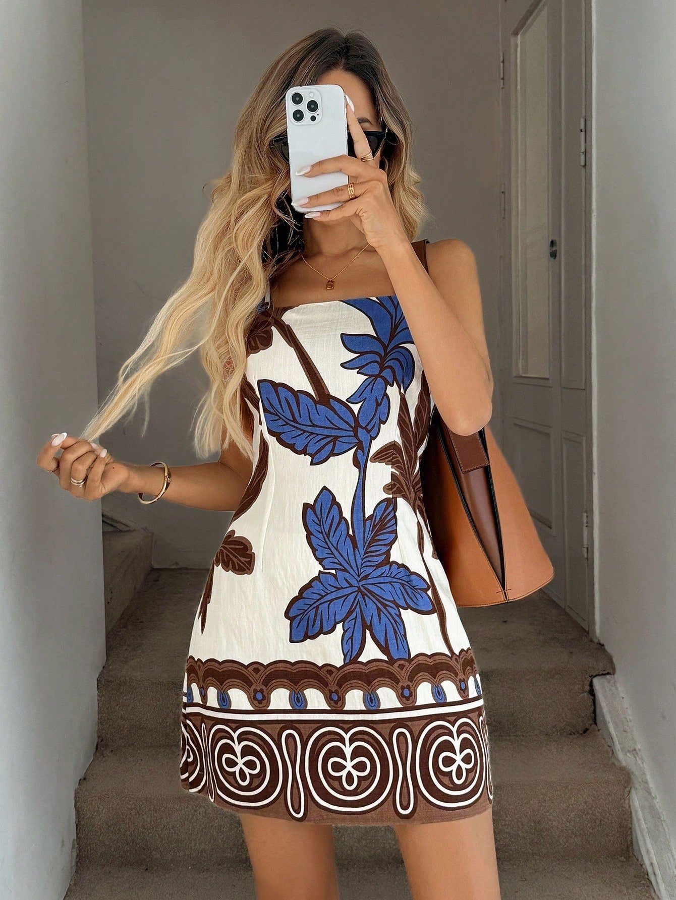 Easowa Women's Waist-Cinching A-Line Sleeveless Spaghetti Strap Mini Dress, Coconut Tree Floral Print, Casual Elegant Spring/Summer