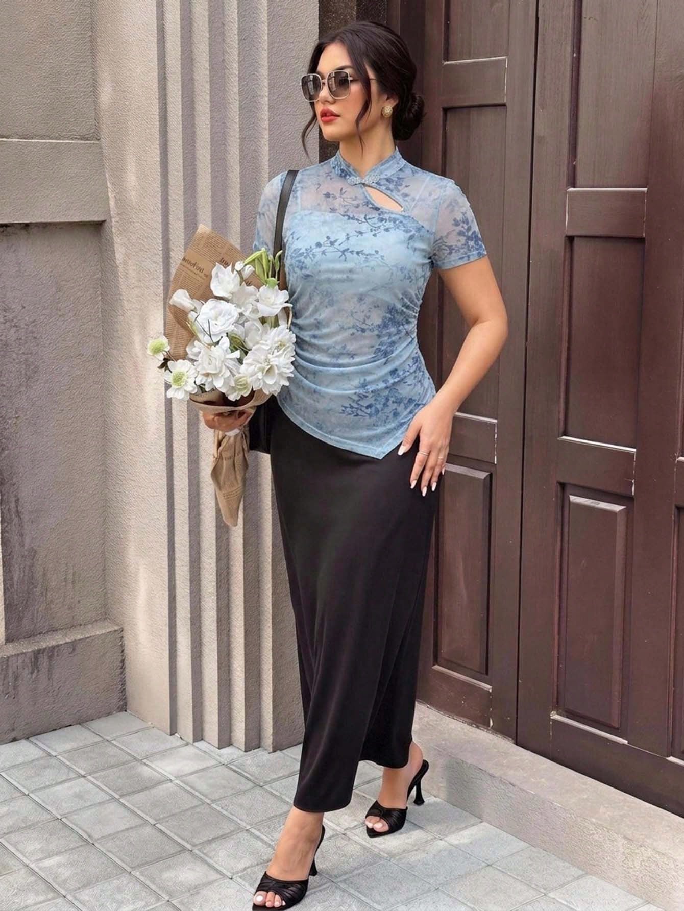 EastFlair Plus Size Women's Floral Print Pleated Stand Collar Slim Fit Elegant 90s 70's 1950s Vintage 1920s Top Birthday Evening Dinner Office Party Summer