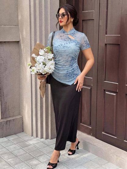 EastFlair Plus Size Women's Floral Print Pleated Stand Collar Slim Fit Elegant 90s 70's 1950s Vintage 1920s Top Birthday Evening Dinner Office Party Summer