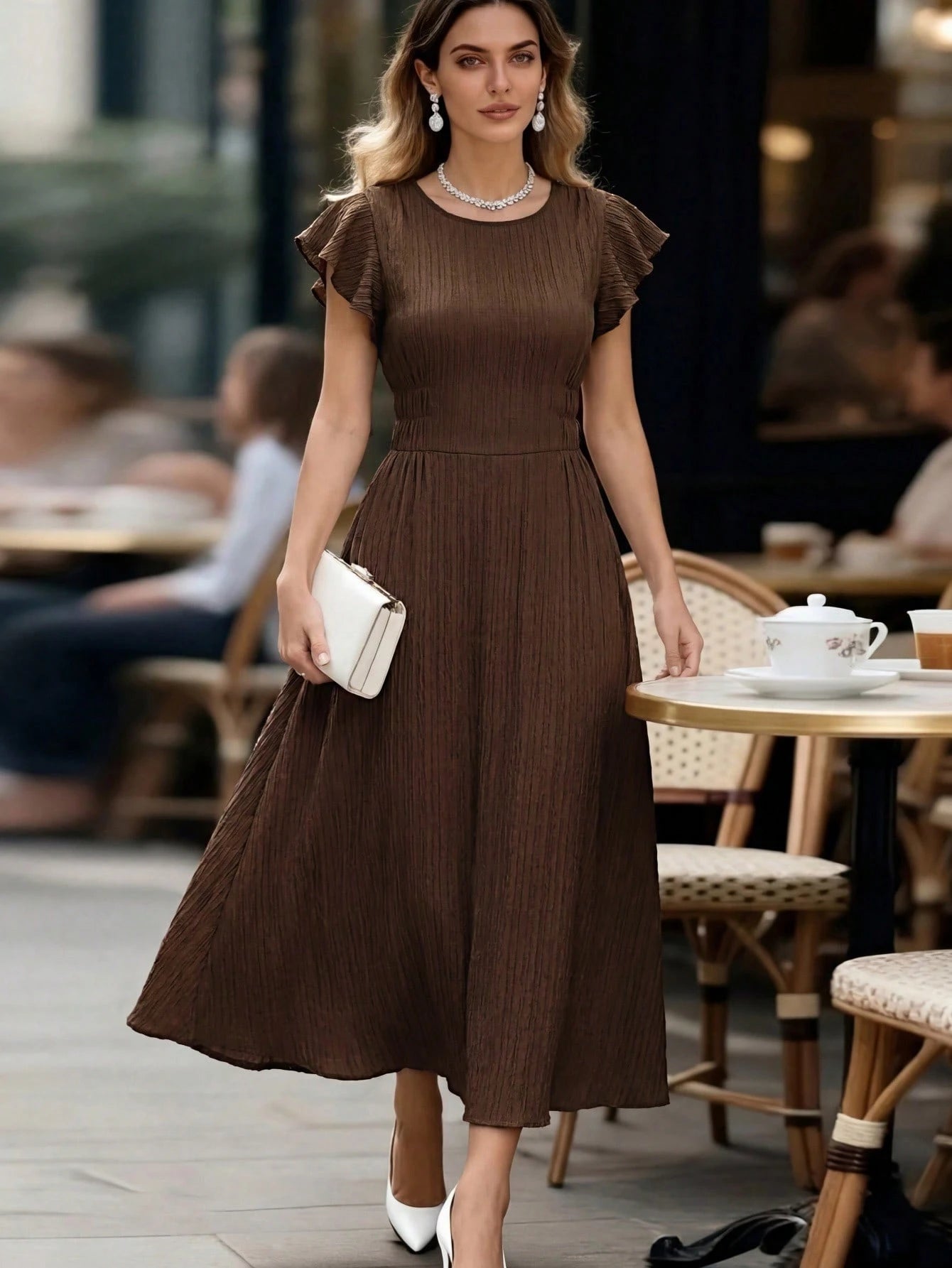 Editum Women's Solid Color Round Neck Ruffle Short Sleeve Elegant French Midi Dress Tea Party Day Party Bar Party Shades Of Brown Summer