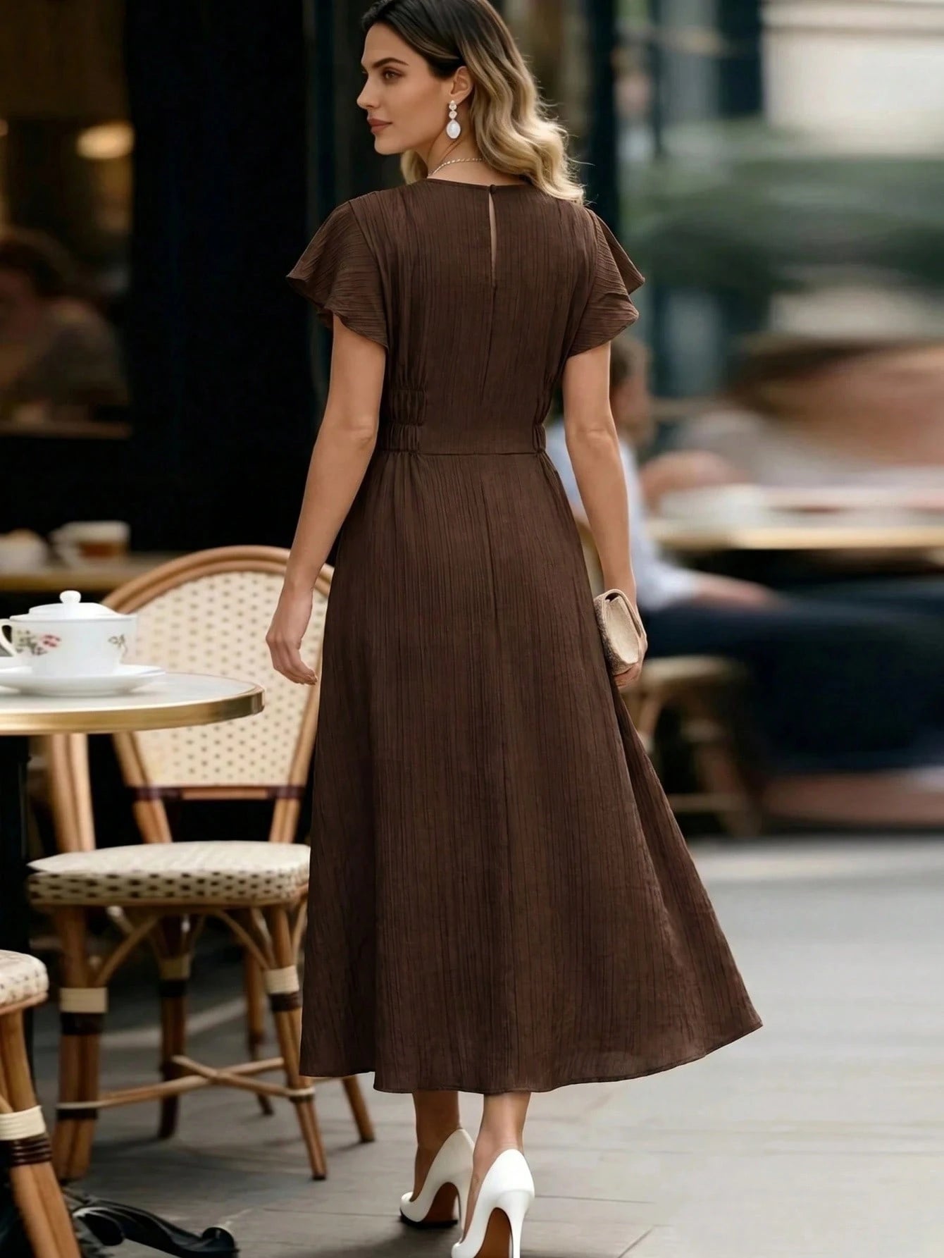 Editum Women's Solid Color Round Neck Ruffle Short Sleeve Elegant French Midi Dress Tea Party Day Party Bar Party Shades Of Brown Summer