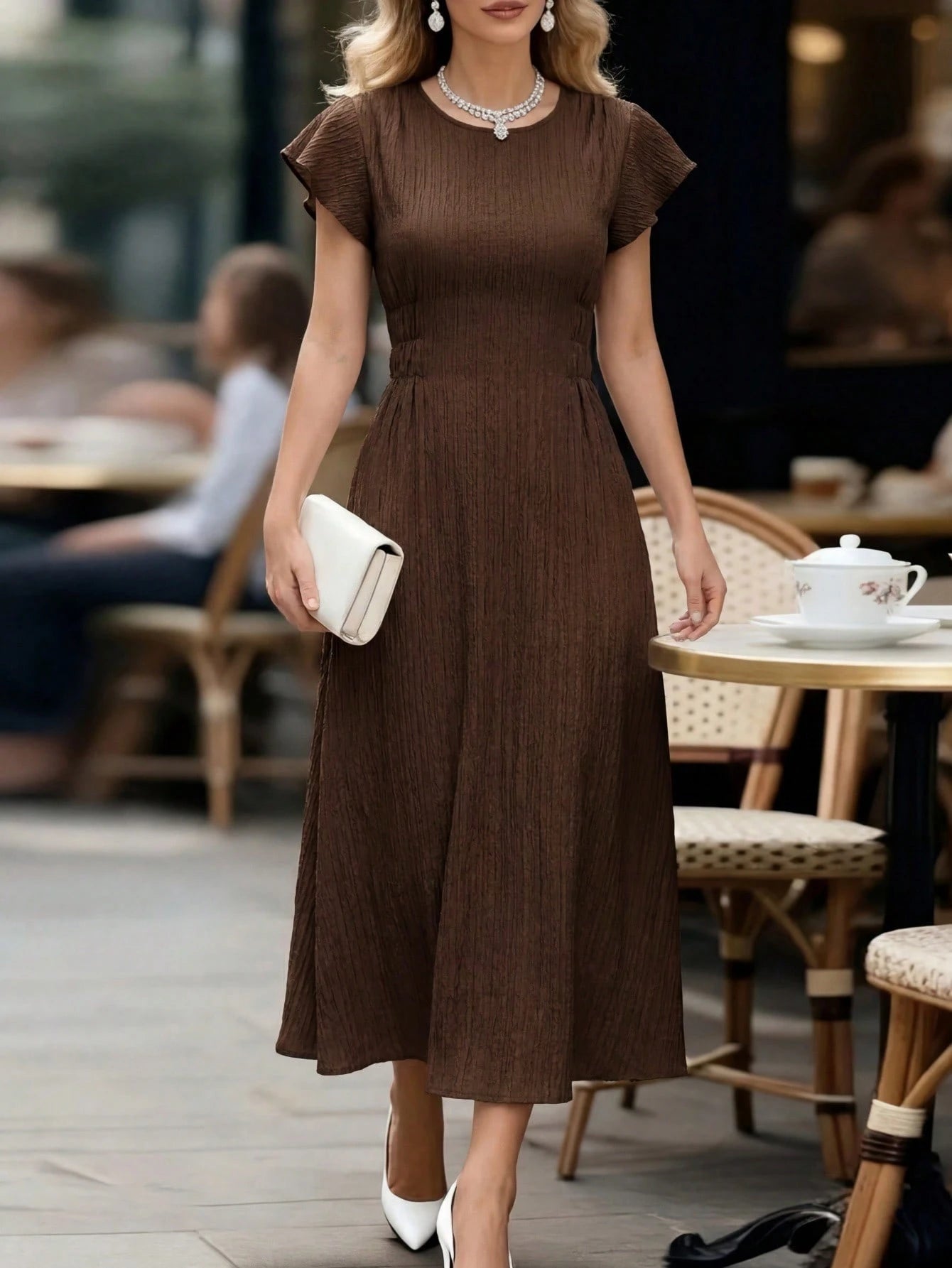 Editum Women's Solid Color Round Neck Ruffle Short Sleeve Elegant French Midi Dress Tea Party Day Party Bar Party Shades Of Brown Summer