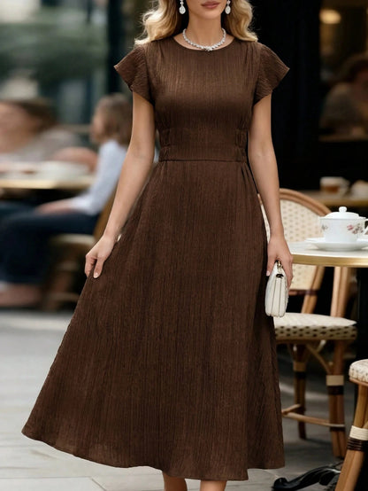 Editum Women's Solid Color Round Neck Ruffle Short Sleeve Elegant French Midi Dress Tea Party Day Party Bar Party Shades Of Brown Summer