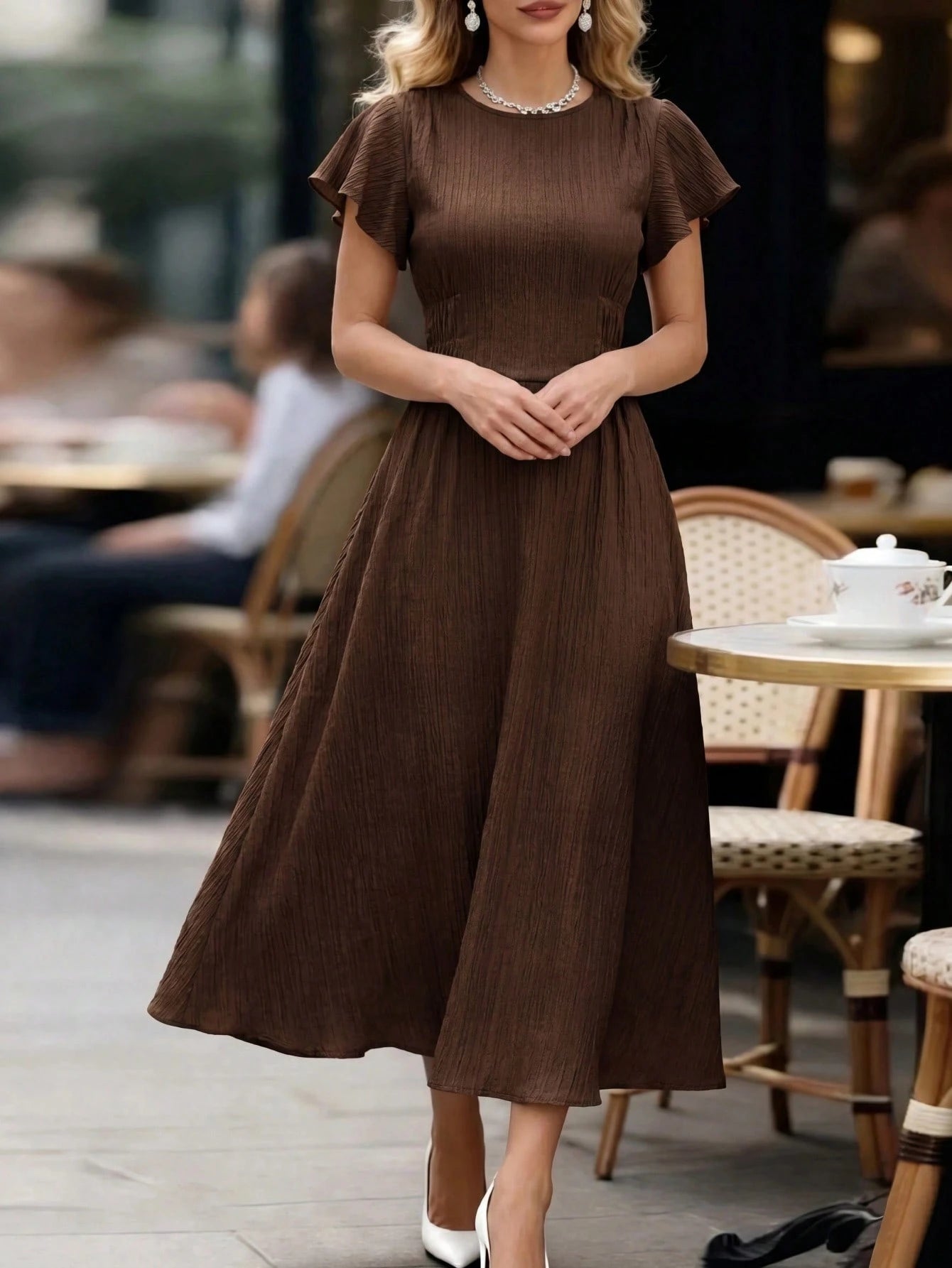 Editum Women's Solid Color Round Neck Ruffle Short Sleeve Elegant French Midi Dress Tea Party Day Party Bar Party Shades Of Brown Summer