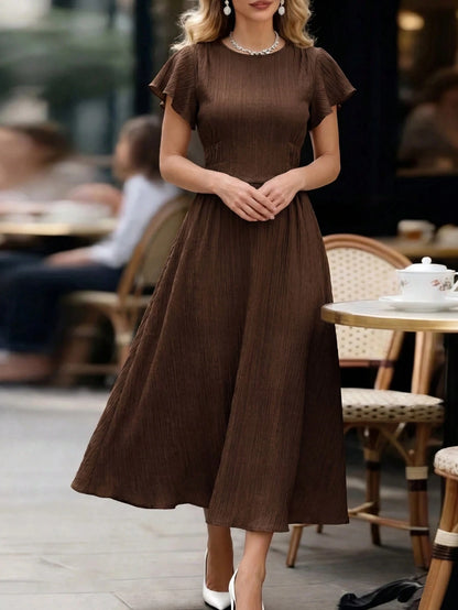 Editum Women's Solid Color Round Neck Ruffle Short Sleeve Elegant French Midi Dress Tea Party Day Party Bar Party Shades Of Brown Summer