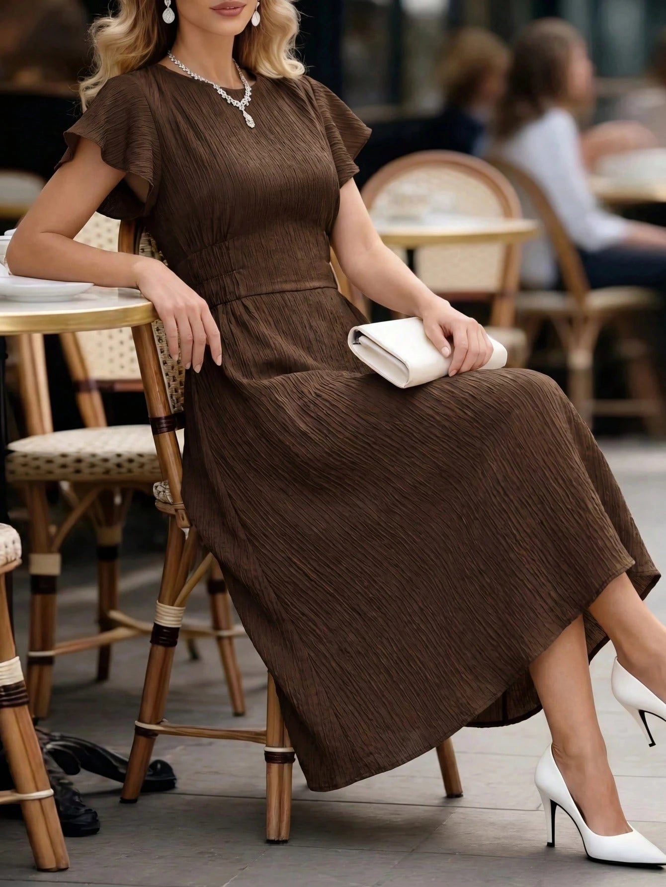 Editum Women's Solid Color Round Neck Ruffle Short Sleeve Elegant French Midi Dress Tea Party Day Party Bar Party Shades Of Brown Summer