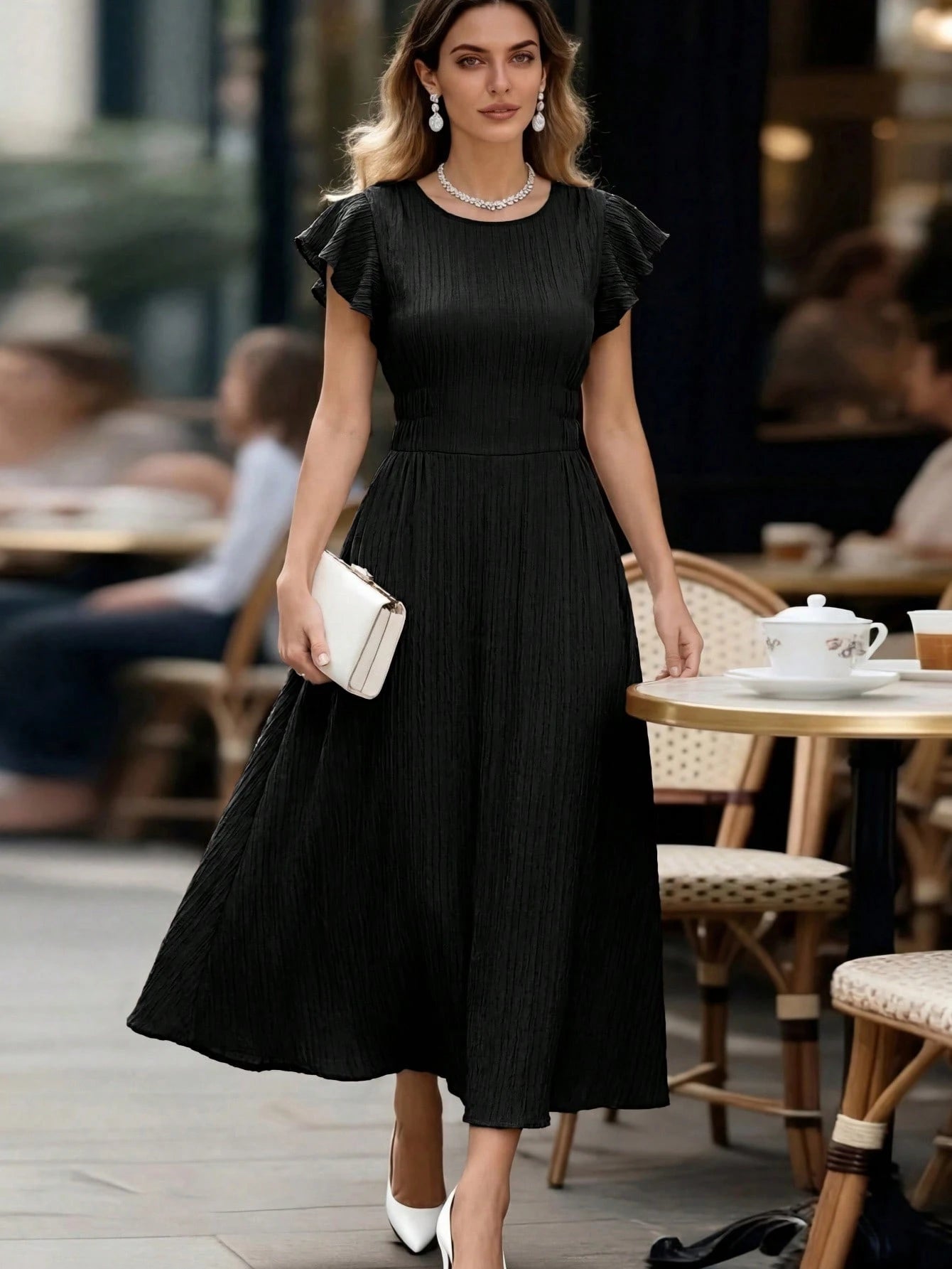 Editum Women's Solid Color Round Neck Ruffle Short Sleeve Elegant French Midi Dress Tea Party Day Party Bar Party Shades Of Brown Summer