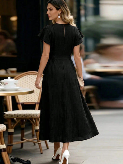 Editum Women's Solid Color Round Neck Ruffle Short Sleeve Elegant French Midi Dress Tea Party Day Party Bar Party Shades Of Brown Summer