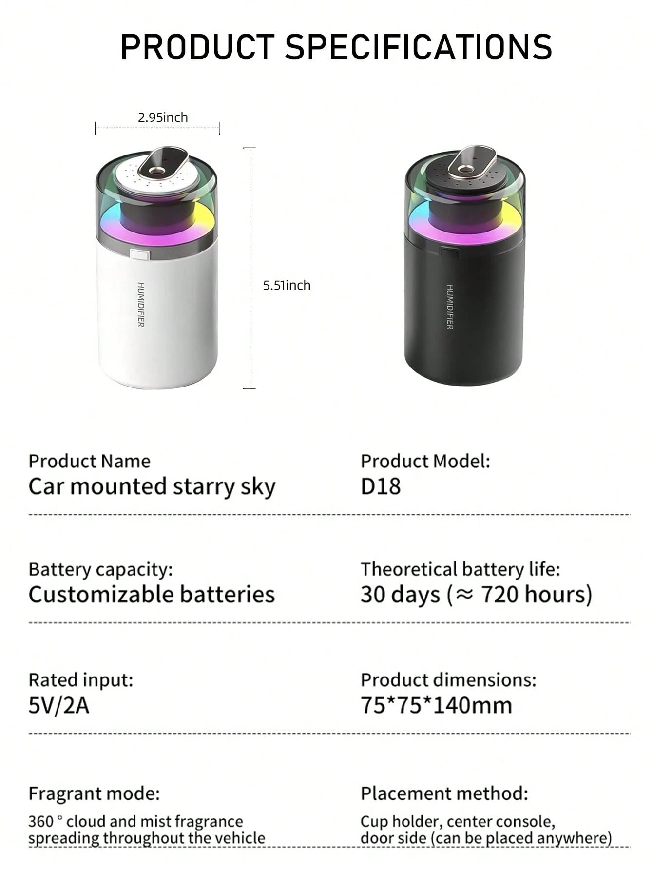 EIGIIS 1pc Portable Mini Humidifier, 180ml Small Humidifier With 2 Modes Large Spray, USB Personal Desktop Humidifiers For Home Bedroom Car Office Travel Yoga With 7 Color LED Light, Bass Work