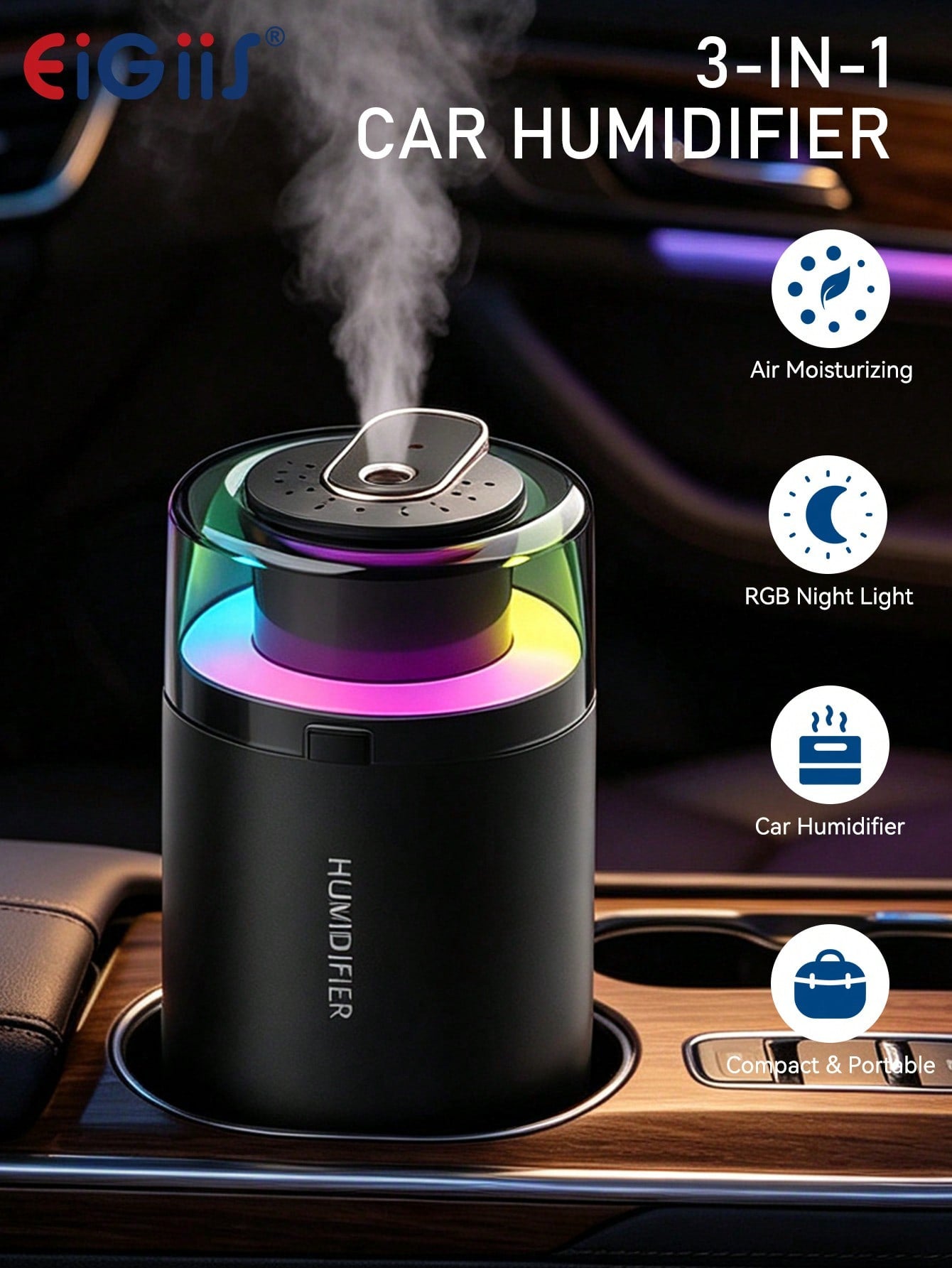 EIGIIS 1pc Portable Mini Humidifier, 180ml Small Humidifier With 2 Modes Large Spray, USB Personal Desktop Humidifiers For Home Bedroom Car Office Travel Yoga With 7 Color LED Light, Bass Work