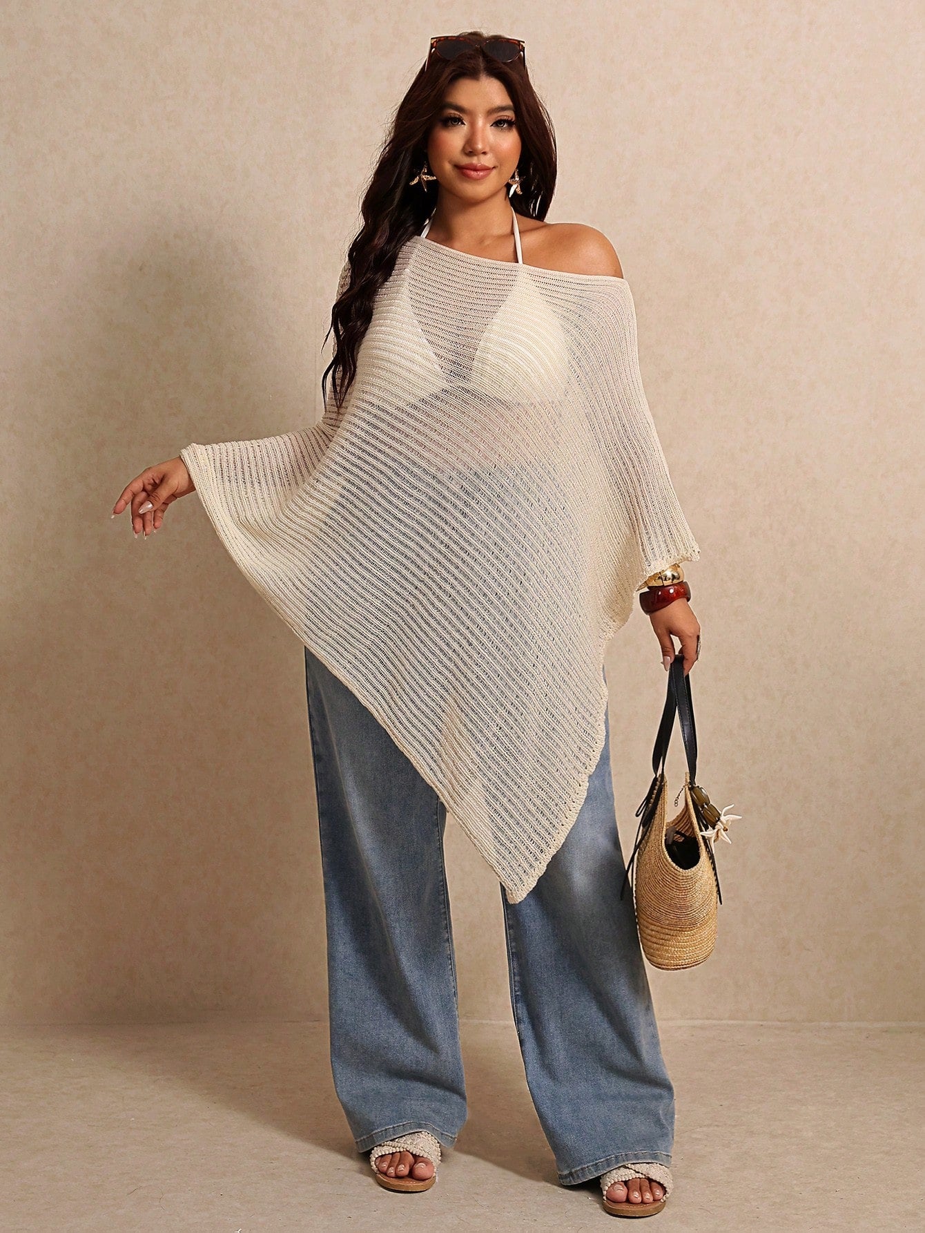 Elaquor Plus Size Women's Vacation Beach Vacation Asymmetrical Shoulder Sheer Asymmetrical Hem Cover-Up Top Casual Beach Vacation Cover Up For Women Summer