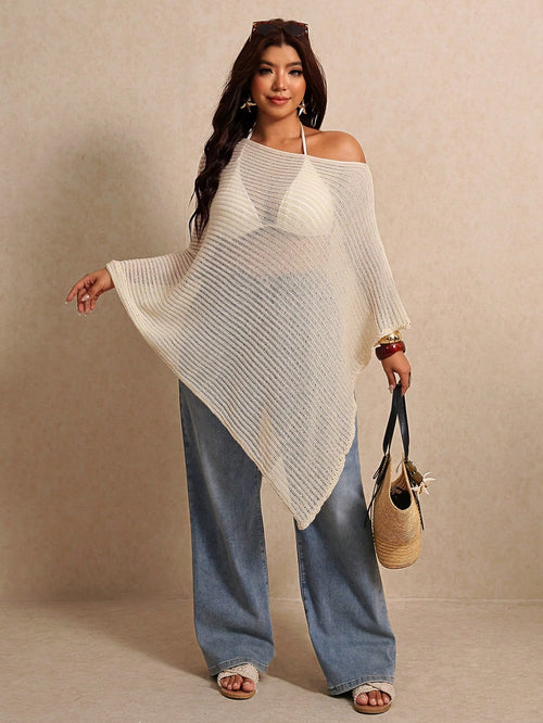 Elaquor Plus Size Women's Vacation Beach Vacation Asymmetrical Shoulder Sheer Asymmetrical Hem Cover-Up Top Casual Beach Vacation Cover Up For Women Summer