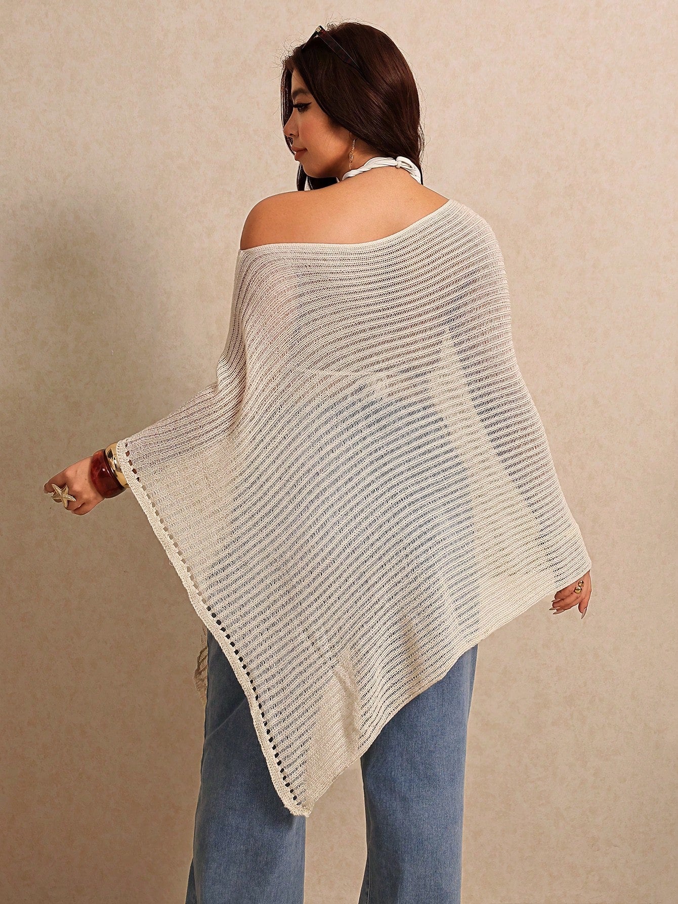 Elaquor Plus Size Women's Vacation Beach Vacation Asymmetrical Shoulder Sheer Asymmetrical Hem Cover-Up Top Casual Beach Vacation Cover Up For Women Summer