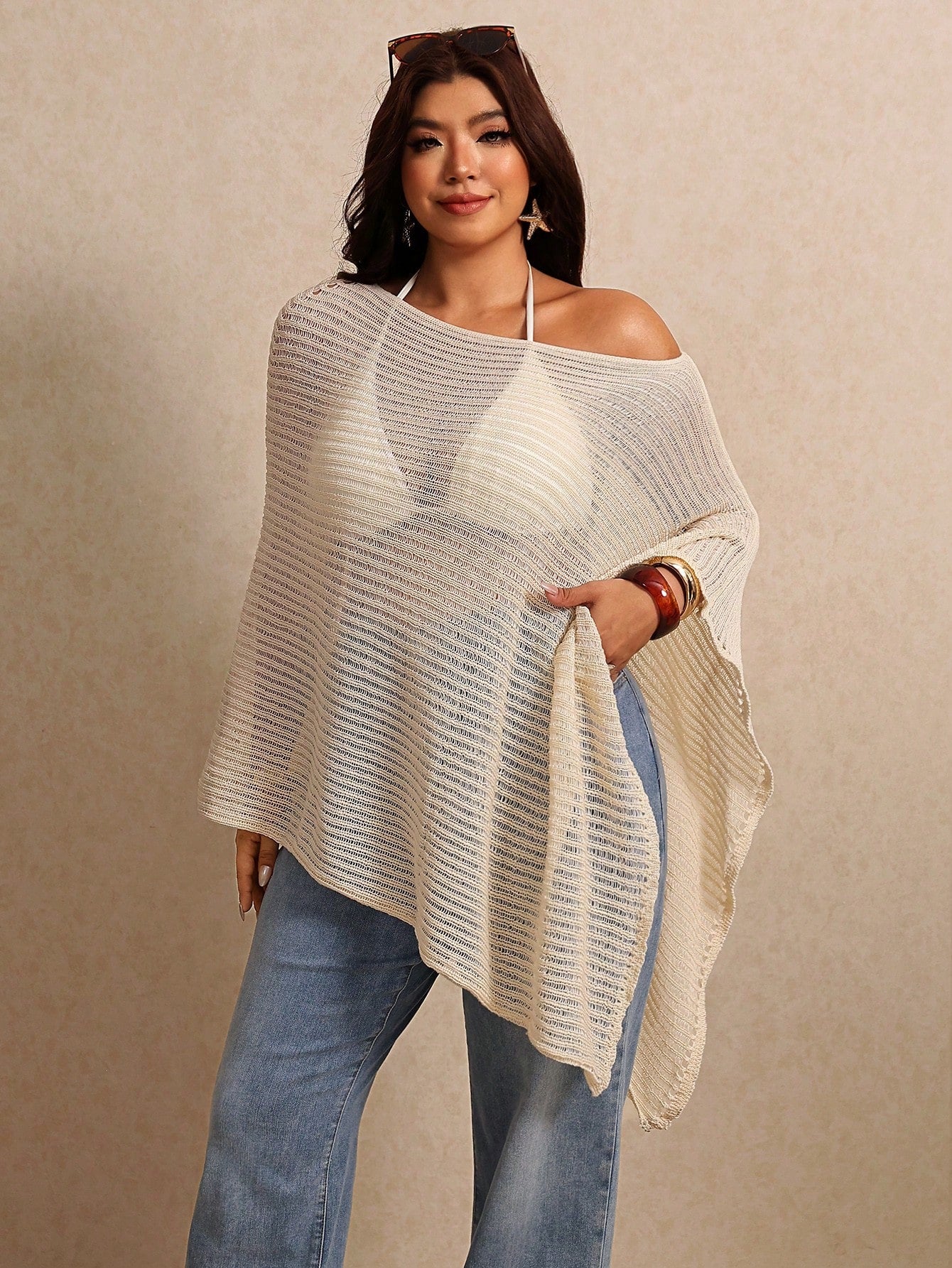 Elaquor Plus Size Women's Vacation Beach Vacation Asymmetrical Shoulder Sheer Asymmetrical Hem Cover-Up Top Casual Beach Vacation Cover Up For Women Summer