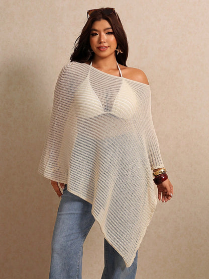 Elaquor Plus Size Women's Vacation Beach Vacation Asymmetrical Shoulder Sheer Asymmetrical Hem Cover-Up Top Casual Beach Vacation Cover Up For Women Summer