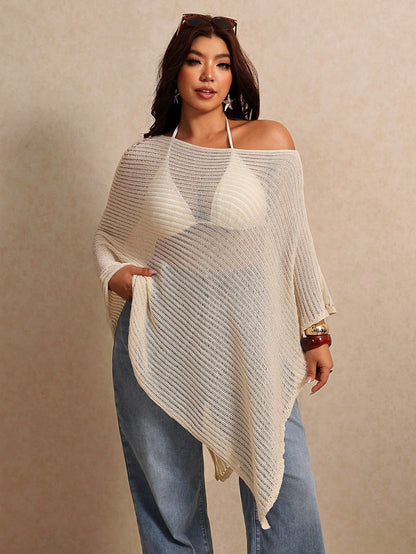Elaquor Plus Size Women's Vacation Beach Vacation Asymmetrical Shoulder Sheer Asymmetrical Hem Cover-Up Top Casual Beach Vacation Cover Up For Women Summer