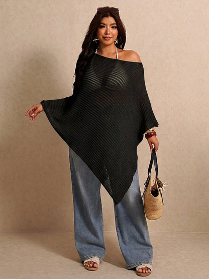 Elaquor Plus Size Women's Vacation Beach Vacation Asymmetrical Shoulder Sheer Asymmetrical Hem Cover-Up Top Casual Beach Vacation Cover Up For Women Summer