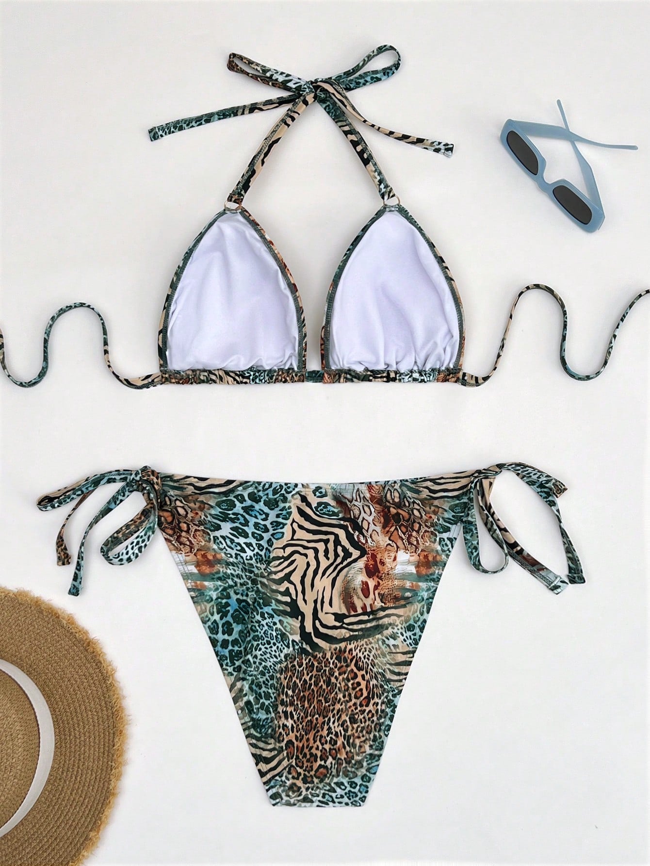 Elavelle Plus Size Women's 2-Piece Zebra Leopard Print Bikini Set,Teal,Summer,Beach,Vacation,Holiday Halter Neck Triangle Adjustable Side Tie