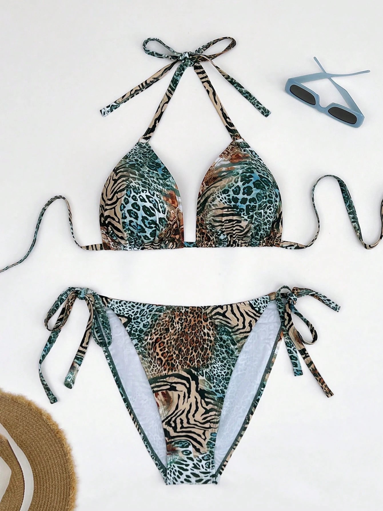 Elavelle Plus Size Women's 2-Piece Zebra Leopard Print Bikini Set,Teal,Summer,Beach,Vacation,Holiday Halter Neck Triangle Adjustable Side Tie