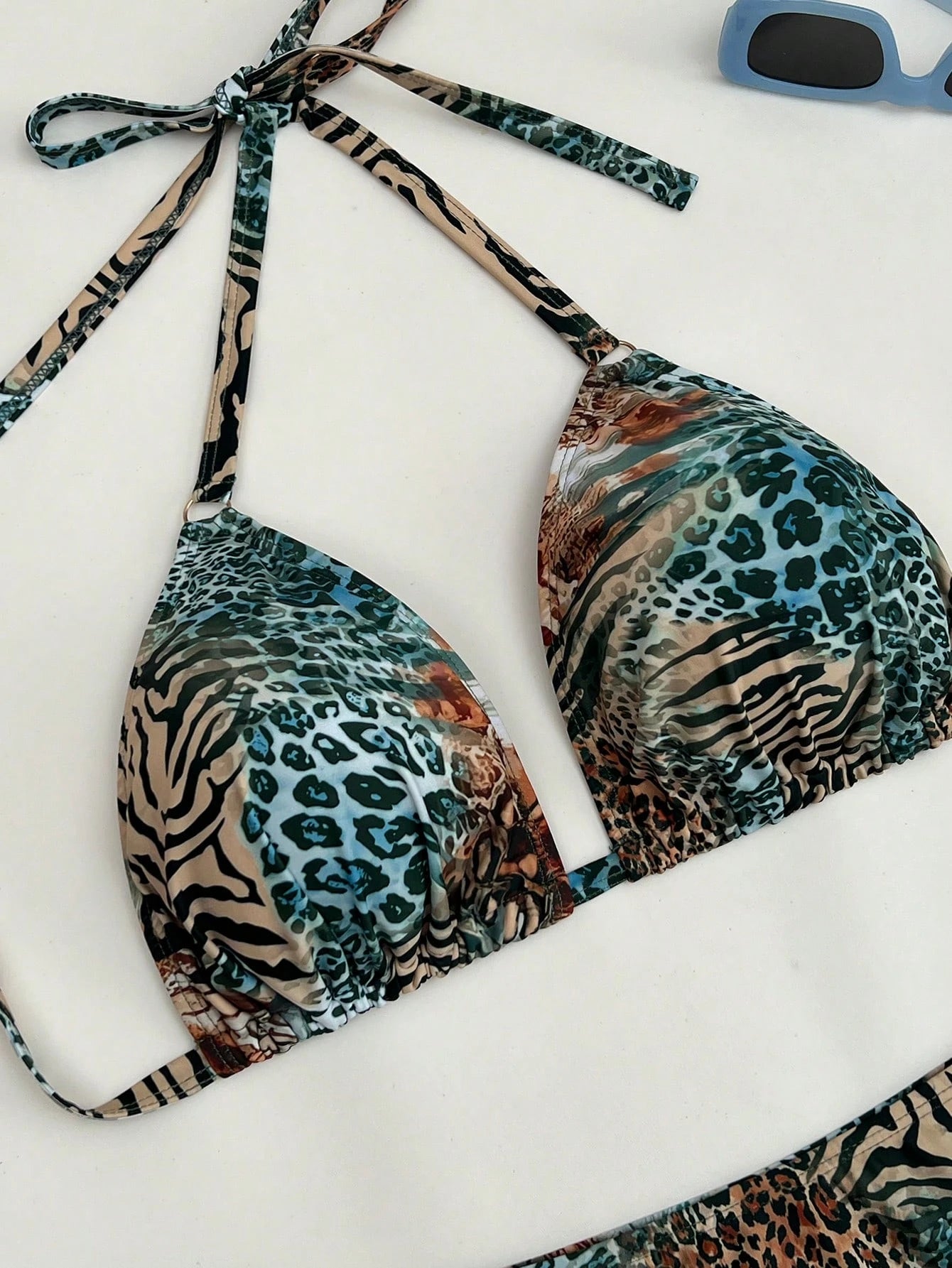 Elavelle Plus Size Women's 2-Piece Zebra Leopard Print Bikini Set,Teal,Summer,Beach,Vacation,Holiday Halter Neck Triangle Adjustable Side Tie