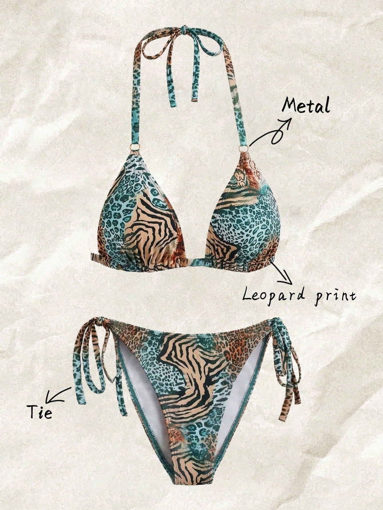 Elavelle Plus Size Women's 2-Piece Zebra Leopard Print Bikini Set,Teal,Summer,Beach,Vacation,Holiday Halter Neck Triangle Adjustable Side Tie