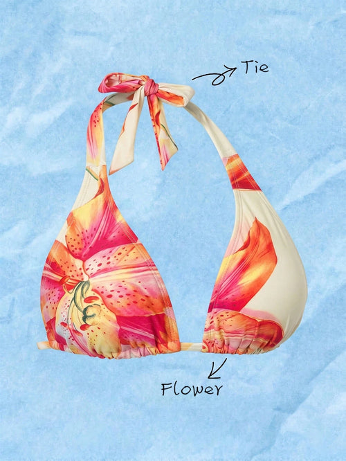 Elavelle Plus Size Women's Summer Floral Print Halter Neck Triangle Bikini Top, Vacation Style Deep V Neck Design, Suitable For Beach Pool Party Beige Sexy