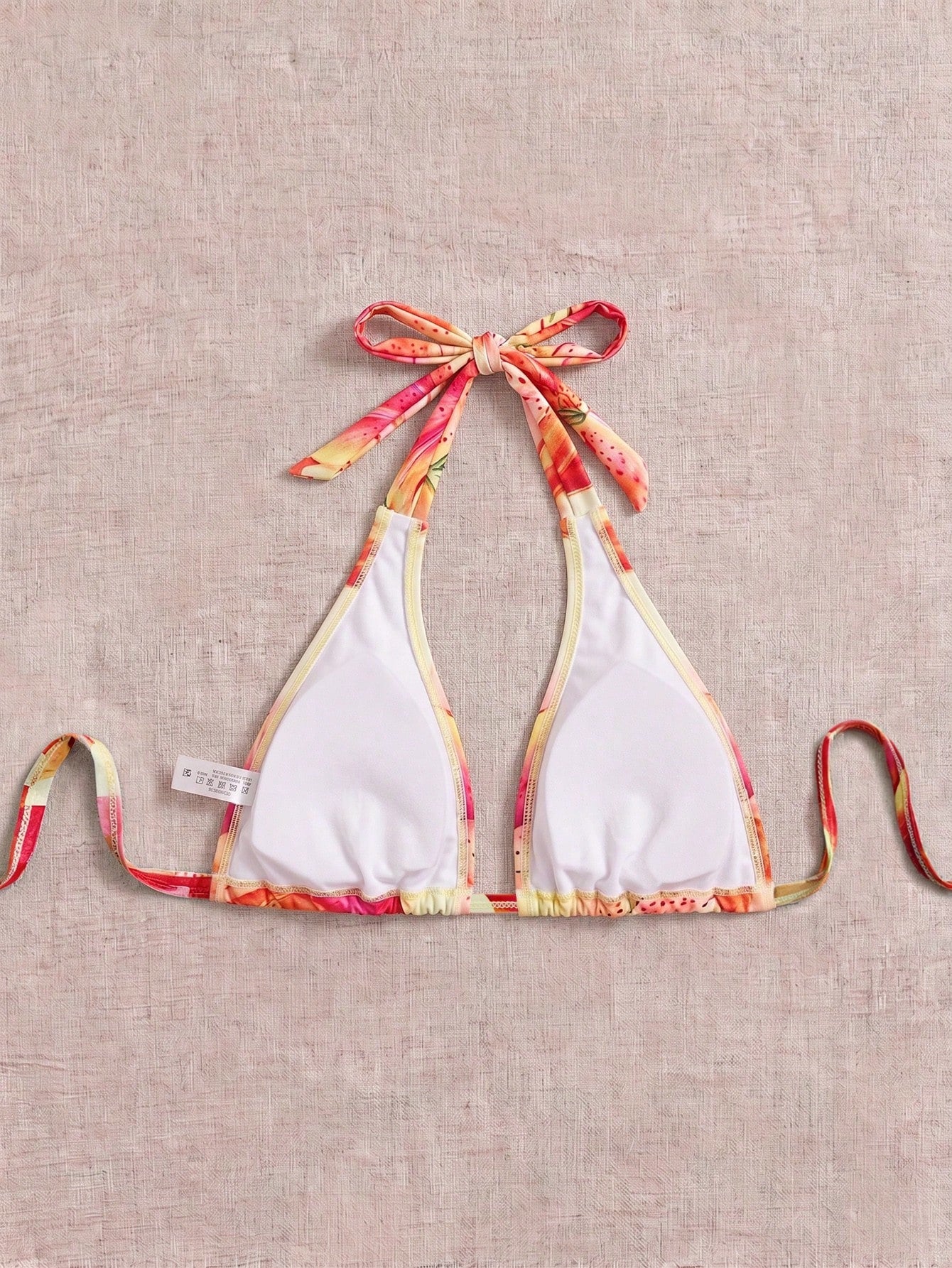 Elavelle Plus Size Women's Summer Floral Print Halter Neck Triangle Bikini Top, Vacation Style Deep V Neck Design, Suitable For Beach Pool Party Beige Sexy