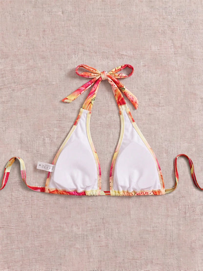 Elavelle Plus Size Women's Summer Floral Print Halter Neck Triangle Bikini Top, Vacation Style Deep V Neck Design, Suitable For Beach Pool Party Beige Sexy