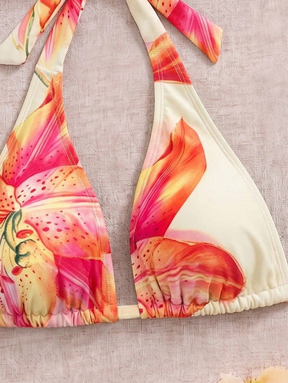 Elavelle Plus Size Women's Summer Floral Print Halter Neck Triangle Bikini Top, Vacation Style Deep V Neck Design, Suitable For Beach Pool Party Beige Sexy