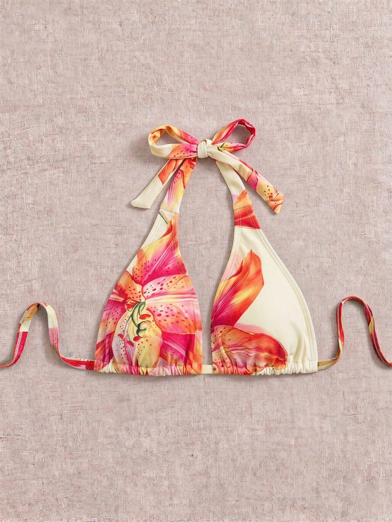 Elavelle Plus Size Women's Summer Floral Print Halter Neck Triangle Bikini Top, Vacation Style Deep V Neck Design, Suitable For Beach Pool Party Beige Sexy