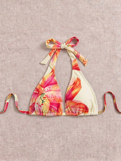 Elavelle Plus Size Women's Summer Floral Print Halter Neck Triangle Bikini Top, Vacation Style Deep V Neck Design, Suitable For Beach Pool Party Beige Sexy