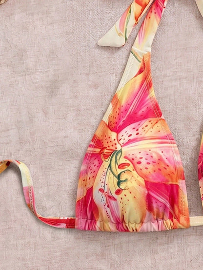 Elavelle Plus Size Women's Summer Floral Print Halter Neck Triangle Bikini Top, Vacation Style Deep V Neck Design, Suitable For Beach Pool Party Beige Sexy