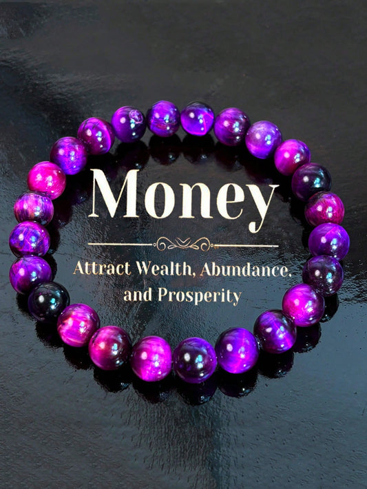 Elegant 8mm Natural Tiger Eye Stone Bracelet- Rainbow Purple And Black Beads, Symbolizing Wealth, Abundance And Good Luck| Perfect Gift Prosperity Gift| Iridescent Bead Design| Vibrant Bead Colors