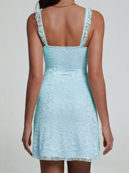 Elegant & Fashionable Ruffled Strap Bow Lace Patchwork Sleeveless Bodycon Mini Dress Party Summer