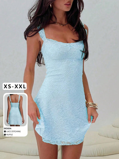 Elegant & Fashionable Ruffled Strap Bow Lace Patchwork Sleeveless Bodycon Mini Dress Party Summer