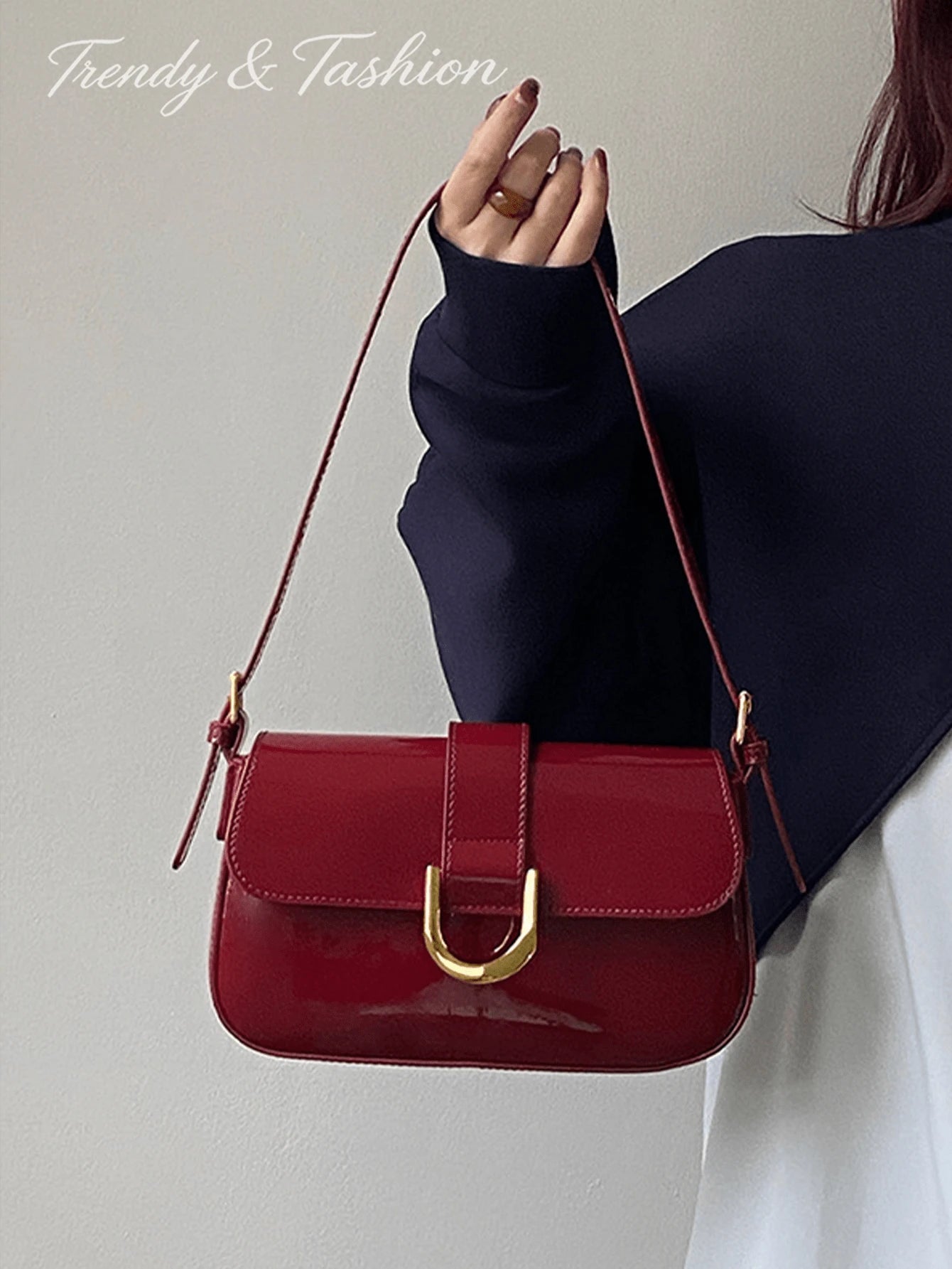 Elegant Horseshoe Buckle Underarm Bag, Shoulder Bag, Glossy Hard Shell, Waterproof StainFree Sleek, Bridal Wedding Prom, Dinner, Party, Dating, Office