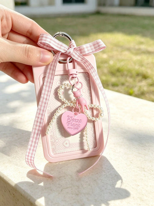 Elegant ID Card Holder With Pearl Cat Heart Pendant, Faux Pearl Pendant Card Case; Detachable Easy-To-Clean Sliding Cover, Student Campus Card/Meal Card Protective Sleeve, With Pearl Bow Keychain, Dur
