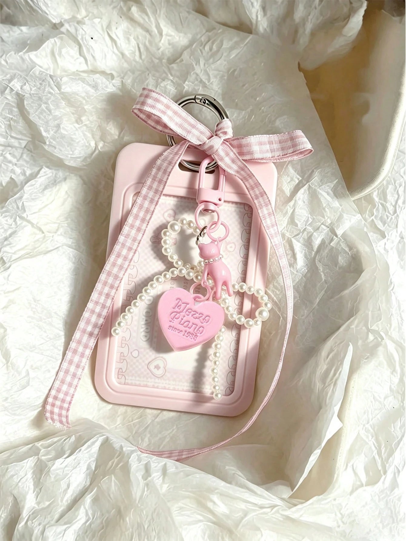 Elegant ID Card Holder With Pearl Cat Heart Pendant, Faux Pearl Pendant Card Case; Detachable Easy-To-Clean Sliding Cover, Student Campus Card/Meal Card Protective Sleeve, With Pearl Bow Keychain, Dur
