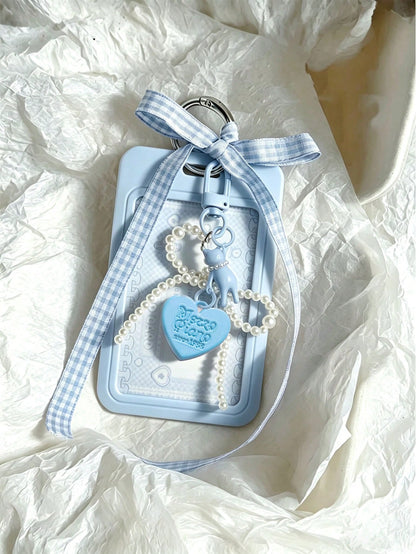 Elegant ID Card Holder With Pearl Cat Heart Pendant, Faux Pearl Pendant Card Case; Detachable Easy-To-Clean Sliding Cover, Student Campus Card/Meal Card Protective Sleeve, With Pearl Bow Keychain, Dur
