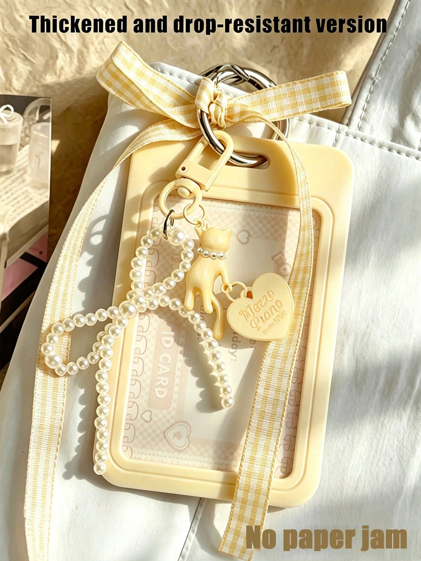 Elegant ID Card Holder With Pearl Cat Heart Pendant, Faux Pearl Pendant Card Case; Detachable Easy-To-Clean Sliding Cover, Student Campus Card/Meal Card Protective Sleeve, With Pearl Bow Keychain, Dur