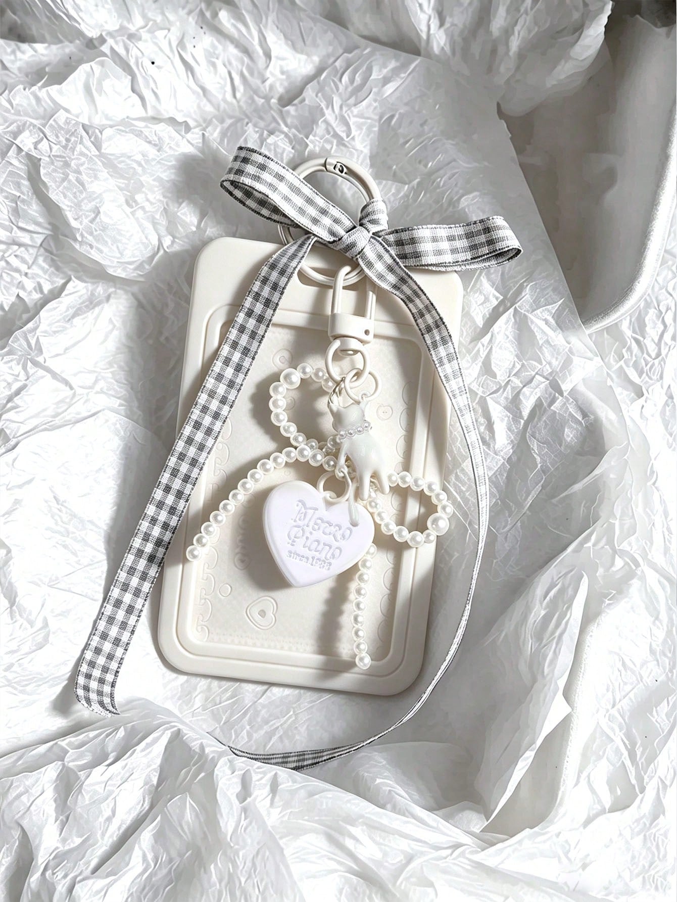 Elegant ID Card Holder With Pearl Cat Heart Pendant, Faux Pearl Pendant Card Case; Detachable Easy-To-Clean Sliding Cover, Student Campus Card/Meal Card Protective Sleeve, With Pearl Bow Keychain, Dur