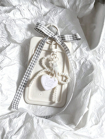 Elegant ID Card Holder With Pearl Cat Heart Pendant, Faux Pearl Pendant Card Case; Detachable Easy-To-Clean Sliding Cover, Student Campus Card/Meal Card Protective Sleeve, With Pearl Bow Keychain, Dur