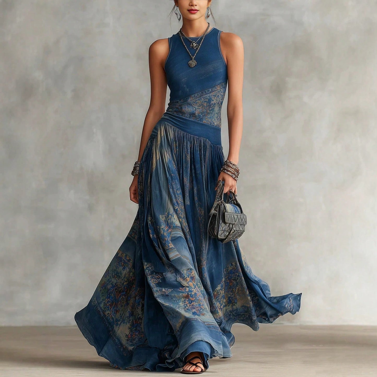 Elegant Round Neck Sleeveless Printed Maxi Dress, Flowy Pleated Waist Long Dress For Casual Vacation Party Summer Dresses For Women