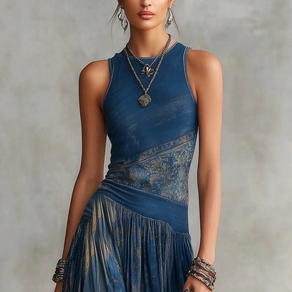 Elegant Round Neck Sleeveless Printed Maxi Dress, Flowy Pleated Waist Long Dress For Casual Vacation Party Summer Dresses For Women