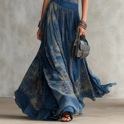 Elegant Round Neck Sleeveless Printed Maxi Dress, Flowy Pleated Waist Long Dress For Casual Vacation Party Summer Dresses For Women