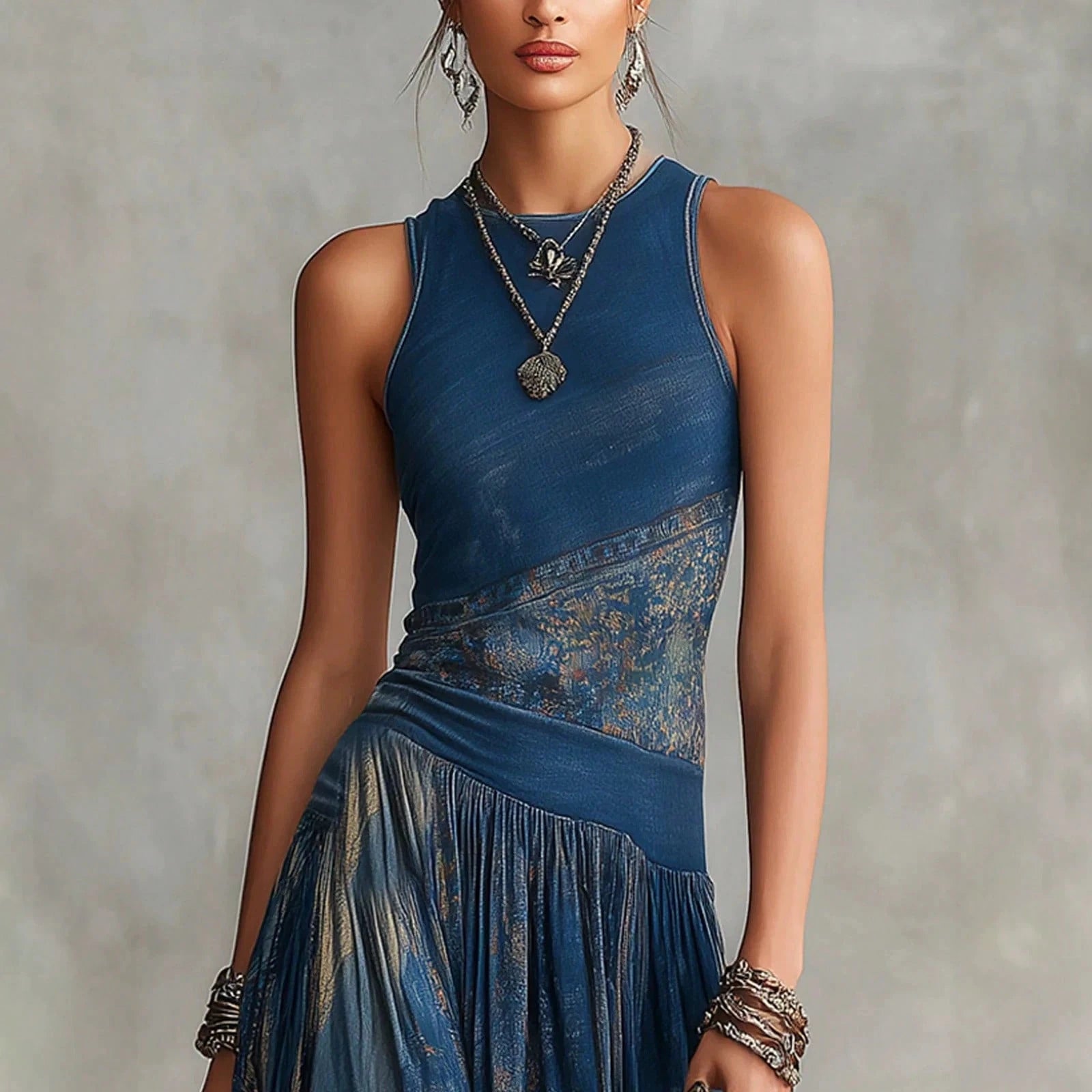 Elegant Round Neck Sleeveless Printed Maxi Dress, Flowy Pleated Waist Long Dress For Casual Vacation Party Summer Dresses For Women