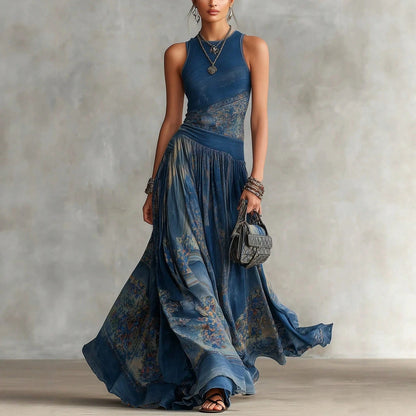 Elegant Round Neck Sleeveless Printed Maxi Dress, Flowy Pleated Waist Long Dress For Casual Vacation Party Summer Dresses For Women