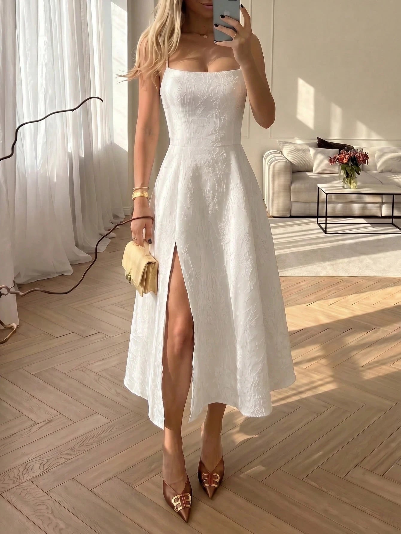 Elegant Sexy Casual Daily Date Sleeveless Low Neck Solid Color Fitted A-Line Midi Dress, Elegant Dress, Vacation Dress, White Dress Party Summer