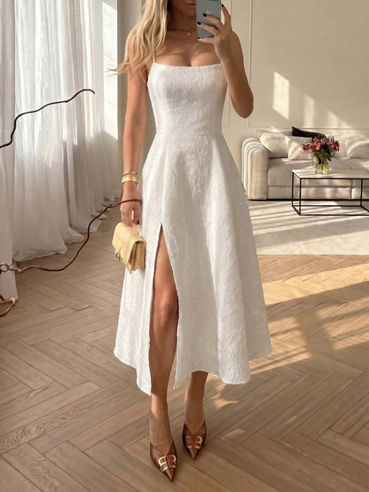Elegant Sexy Casual Daily Date Sleeveless Low Neck Solid Color Fitted A-Line Midi Dress, Elegant Dress, Vacation Dress, White Dress Party Summer